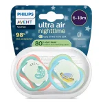 2 броя светещи в тъмното, ортодонтски силиконови залъгалки Philips AVENT SCF376/28 Ultra Air NightTime, 6-18м, с картинки, в кутия за стерилизиране 0659.001
