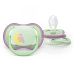 2 броя светещи в тъмното, ортодонтски силиконови залъгалки Philips AVENT SCF376/29 Ultra Air NightTime, 6-18м, с картинки, в кутия за стерилизиране 0660.001