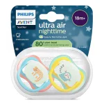2 броя светещи в тъмното, ортодонтски силиконови залъгалки Philips AVENT SCF376/32 Ultra Air NightTime, 18м+, с картинки, в кутия за стерилизиране 0662.001 