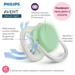2 броя светещи в тъмното, ортодонтски силиконови залъгалки Philips AVENT SCF376/29 Ultra Air NightTime, 6-18м, с картинки, в кутия за стерилизиране 0660.001
