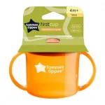 Първа чаша с дръжки и прибиращ се твърд накрайник със свободен поток Tommee Tippee First Cup, 190 мл, 4м+, оранжев цвят 0241