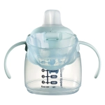 Неразливаща се чаша Tommee Tippee Soft Spout с мек накрайник с антибактериална технология BACSHIELD, с дръжки, в син цвят с декорация Мече, 150 мл, 4м+ 0287