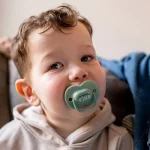 Комплект от 2 бр. ортодонтични залъгалки Tommee Tippee ANY TIME със симетричен силиконов биберон, 6-18м, бежова и зелена с декор KIND, в кутия за стерилизиране TT.0275