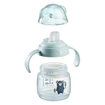 Неразливаща се чаша Tommee Tippee Soft Spout с мек накрайник с антибактериална технология BACSHIELD, с дръжки, в син цвят с декорация Мече, 150 мл, 4м+ 0287