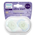 2 бр. светещи в тъмното ортодонтични залъгалки за новородени Philips AVENT SCF075/08 Ultra Start Night 0-2м, в синьо и зелено с декор Sleep, в кутия за стерилизиране 0625.001