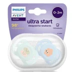 Комплект от 2 бр. ортодонтични залъгалки за новородени Philips AVENT SCF075/04 Ultra Start 0-2м, в синьо и зелено със забавен декор, в кутия за стерилизиране 0624.001